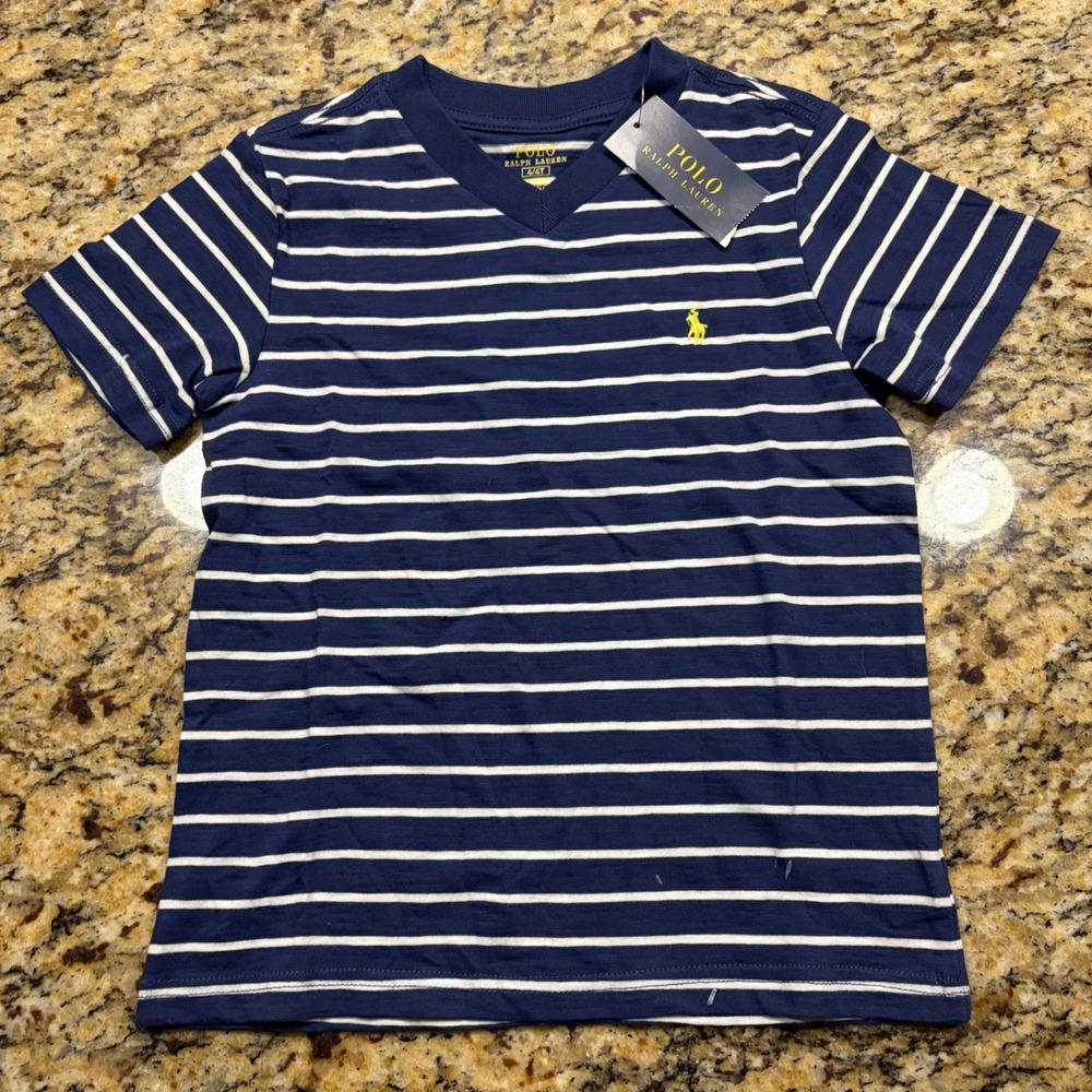 NEW Polo Ralph Lauren Boys Navy White Striped V-Neck T-Shirt Size 4 ws